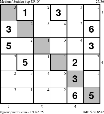 The grouppuzzles.com Medium Sudoku-6up-UR-D puzzle for Saturday January 11, 2025 with all 5 steps marked