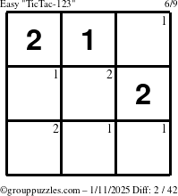 The grouppuzzles.com Easy TicTac-123 puzzle for Saturday January 11, 2025 with the first 2 steps marked