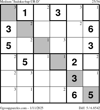 The grouppuzzles.com Medium Sudoku-6up-UR-D puzzle for Saturday January 11, 2025 with the first 3 steps marked