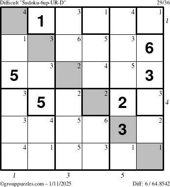 The grouppuzzles.com Difficult Sudoku-6up-UR-D puzzle for Saturday January 11, 2025 with all 6 steps marked