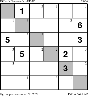 The grouppuzzles.com Difficult Sudoku-6up-UR-D puzzle for Saturday January 11, 2025 with the first 3 steps marked