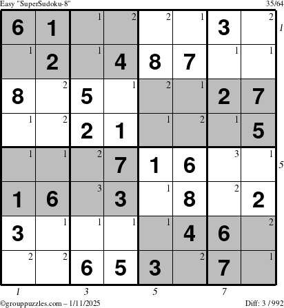 The grouppuzzles.com Easy SuperSudoku-8 puzzle for Saturday January 11, 2025 with all 3 steps marked