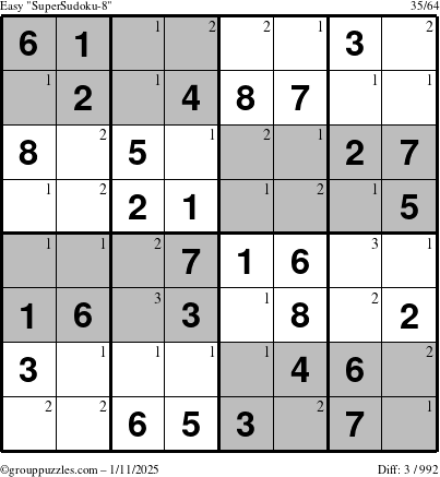 The grouppuzzles.com Easy SuperSudoku-8 puzzle for Saturday January 11, 2025 with the first 3 steps marked