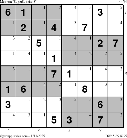 The grouppuzzles.com Medium SuperSudoku-8 puzzle for Saturday January 11, 2025, suitable for printing, with all 5 steps marked