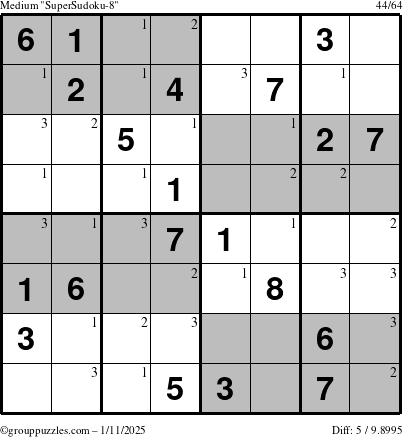 The grouppuzzles.com Medium SuperSudoku-8 puzzle for Saturday January 11, 2025 with the first 3 steps marked