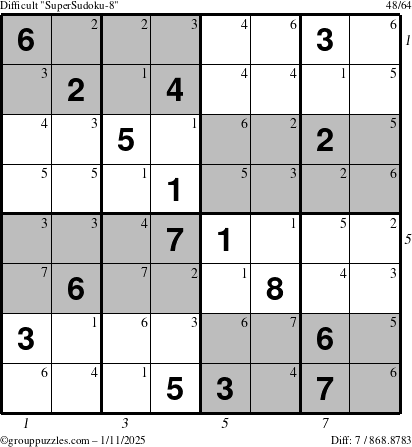 The grouppuzzles.com Difficult SuperSudoku-8 puzzle for Saturday January 11, 2025 with all 7 steps marked