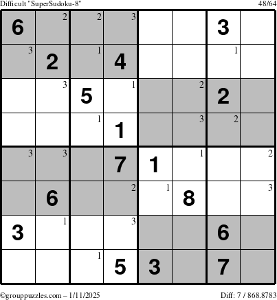 The grouppuzzles.com Difficult SuperSudoku-8 puzzle for Saturday January 11, 2025 with the first 3 steps marked