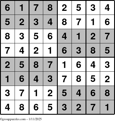 The grouppuzzles.com Answer grid for the SuperSudoku-8 puzzle for Saturday January 11, 2025