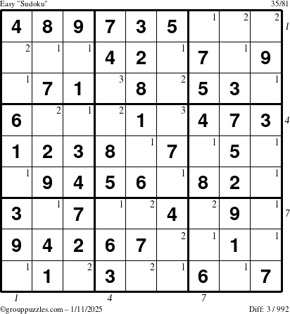 The grouppuzzles.com Easy Sudoku puzzle for Saturday January 11, 2025 with all 3 steps marked