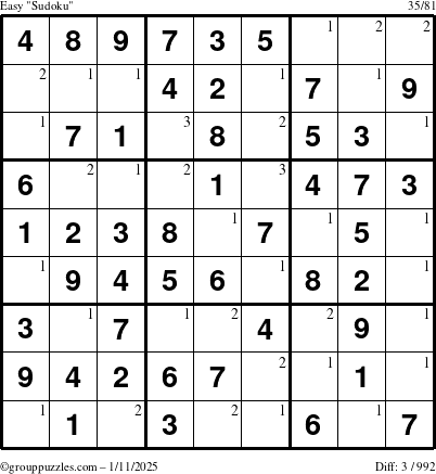 The grouppuzzles.com Easy Sudoku puzzle for Saturday January 11, 2025 with the first 3 steps marked