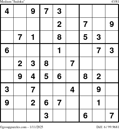 The grouppuzzles.com Medium Sudoku puzzle for Saturday January 11, 2025