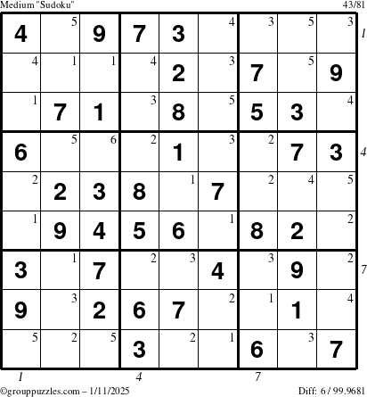 The grouppuzzles.com Medium Sudoku puzzle for Saturday January 11, 2025, suitable for printing, with all 6 steps marked