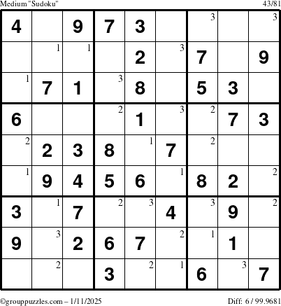 The grouppuzzles.com Medium Sudoku puzzle for Saturday January 11, 2025 with the first 3 steps marked