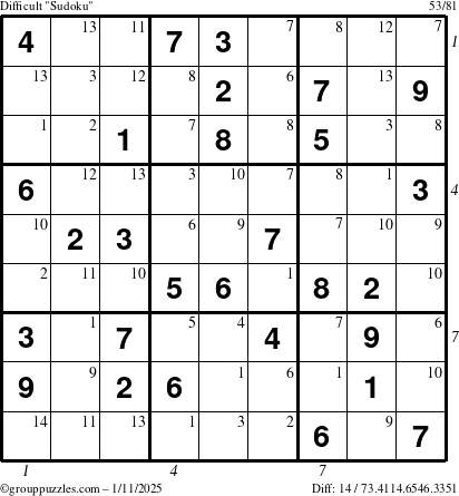 The grouppuzzles.com Difficult Sudoku puzzle for Saturday January 11, 2025 with all 14 steps marked