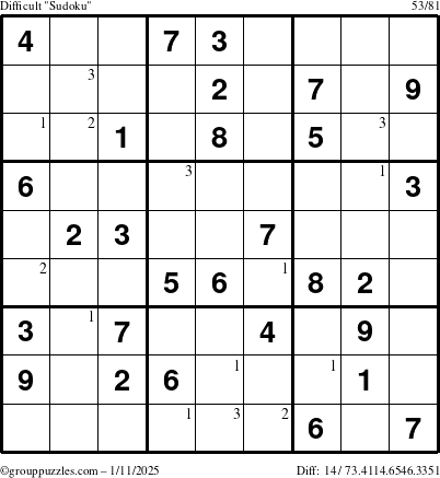 The grouppuzzles.com Difficult Sudoku puzzle for Saturday January 11, 2025 with the first 3 steps marked