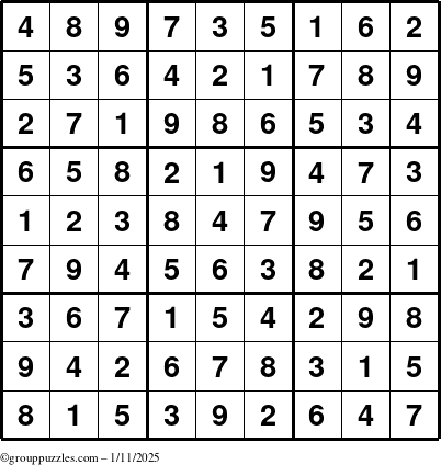 The grouppuzzles.com Answer grid for the Sudoku puzzle for Saturday January 11, 2025