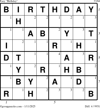 The grouppuzzles.com Easy Birthday puzzle for Saturday January 11, 2025 with all 4 steps marked