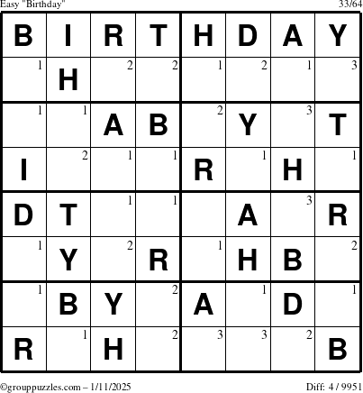 The grouppuzzles.com Easy Birthday puzzle for Saturday January 11, 2025 with the first 3 steps marked