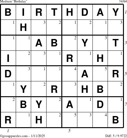 The grouppuzzles.com Medium Birthday puzzle for Saturday January 11, 2025 with all 5 steps marked