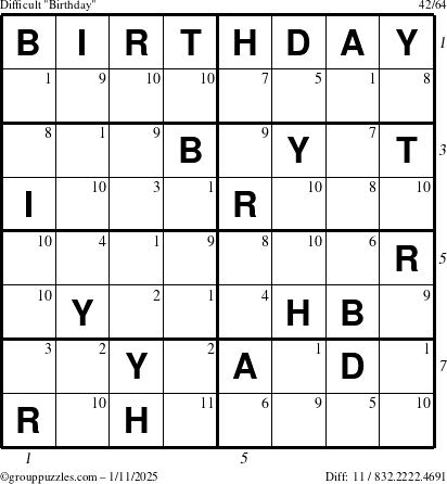 The grouppuzzles.com Difficult Birthday puzzle for Saturday January 11, 2025, suitable for printing, with all 11 steps marked