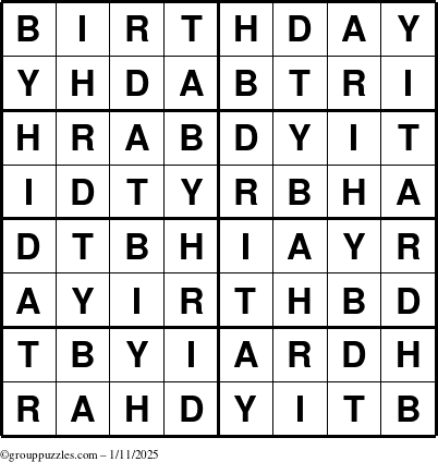 The grouppuzzles.com Answer grid for the Birthday puzzle for Saturday January 11, 2025