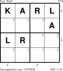 The grouppuzzles.com Easy Karl puzzle for Wednesday April 29, 2026 with all 2 steps marked
