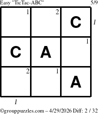 The grouppuzzles.com Easy TicTac-ABC puzzle for Wednesday April 29, 2026 with all 2 steps marked