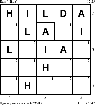 The grouppuzzles.com Easy Hilda puzzle for Wednesday April 29, 2026, suitable for printing, with all 3 steps marked