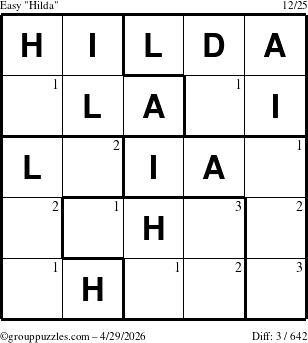 The grouppuzzles.com Easy Hilda puzzle for Wednesday April 29, 2026 with the first 3 steps marked