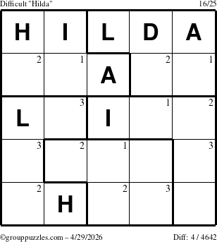 The grouppuzzles.com Difficult Hilda puzzle for Wednesday April 29, 2026 with the first 3 steps marked