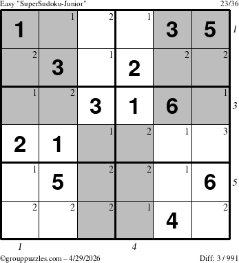 The grouppuzzles.com Easy SuperSudoku-Junior puzzle for Wednesday April 29, 2026 with all 3 steps marked