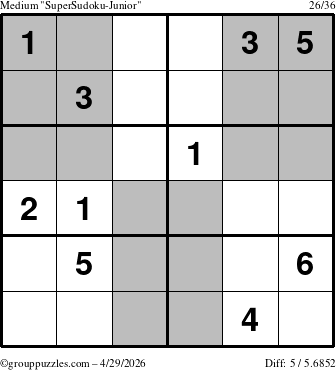 The grouppuzzles.com Medium SuperSudoku-Junior puzzle for Wednesday April 29, 2026