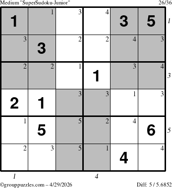 The grouppuzzles.com Medium SuperSudoku-Junior puzzle for Wednesday April 29, 2026, suitable for printing, with all 5 steps marked