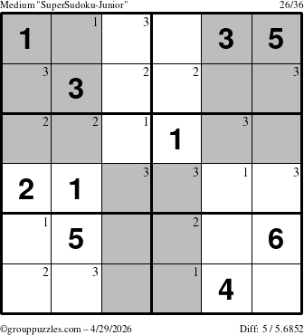 The grouppuzzles.com Medium SuperSudoku-Junior puzzle for Wednesday April 29, 2026 with the first 3 steps marked