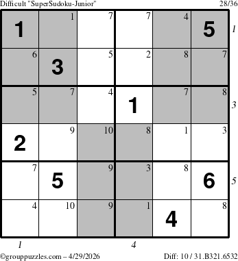 The grouppuzzles.com Difficult SuperSudoku-Junior puzzle for Wednesday April 29, 2026, suitable for printing, with all 10 steps marked