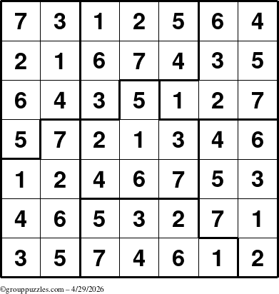 The grouppuzzles.com Answer grid for the Sudoku-7B puzzle for Wednesday April 29, 2026