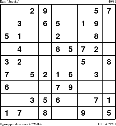 The grouppuzzles.com Easy Sudoku puzzle for Wednesday April 29, 2026