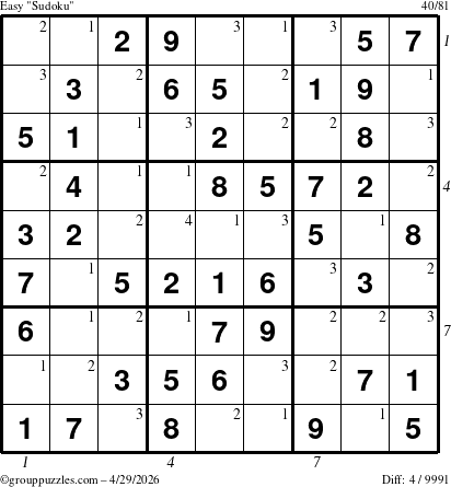 The grouppuzzles.com Easy Sudoku puzzle for Wednesday April 29, 2026, suitable for printing, with all 4 steps marked