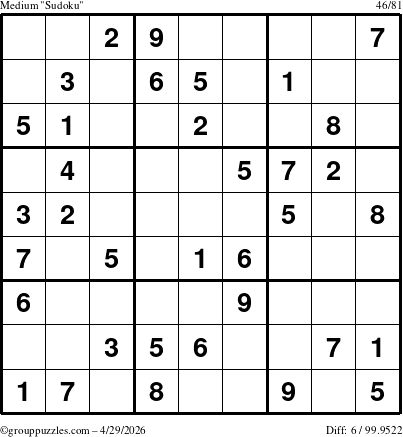 The grouppuzzles.com Medium Sudoku puzzle for Wednesday April 29, 2026