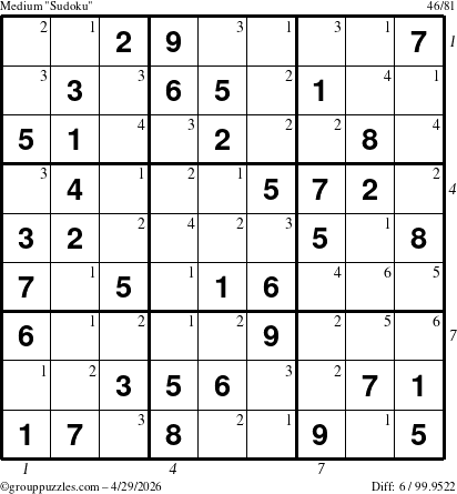 The grouppuzzles.com Medium Sudoku puzzle for Wednesday April 29, 2026, suitable for printing, with all 6 steps marked