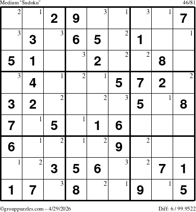 The grouppuzzles.com Medium Sudoku puzzle for Wednesday April 29, 2026 with the first 3 steps marked