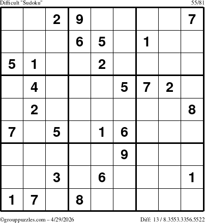 The grouppuzzles.com Difficult Sudoku puzzle for Wednesday April 29, 2026