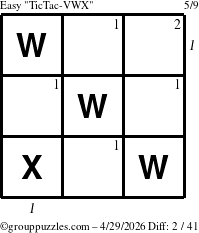 The grouppuzzles.com Easy TicTac-VWX puzzle for Wednesday April 29, 2026 with all 2 steps marked