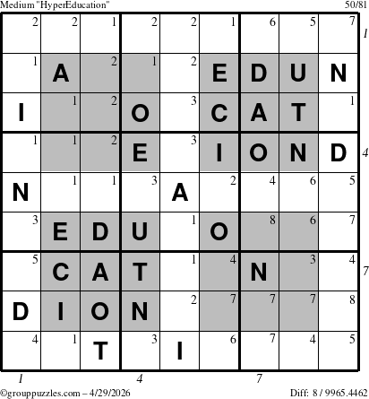 The grouppuzzles.com Medium HyperEducation-i23 puzzle for Wednesday April 29, 2026, suitable for printing, with all 8 steps marked