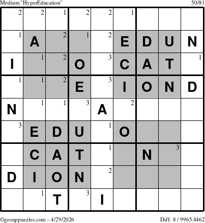 The grouppuzzles.com Medium HyperEducation-i23 puzzle for Wednesday April 29, 2026 with the first 3 steps marked