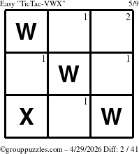 The grouppuzzles.com Easy TicTac-VWX puzzle for Wednesday April 29, 2026 with the first 2 steps marked