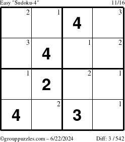 The grouppuzzles.com Easy Sudoku-4 puzzle for Saturday June 22, 2024 with the first 3 steps marked