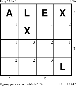 The grouppuzzles.com Easy Alex puzzle for Saturday June 22, 2024 with all 3 steps marked