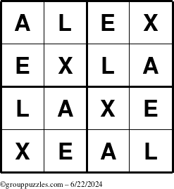 The grouppuzzles.com Answer grid for the Alex puzzle for Saturday June 22, 2024