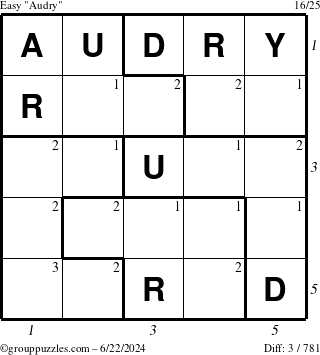 The grouppuzzles.com Easy Audry puzzle for Saturday June 22, 2024 with all 3 steps marked